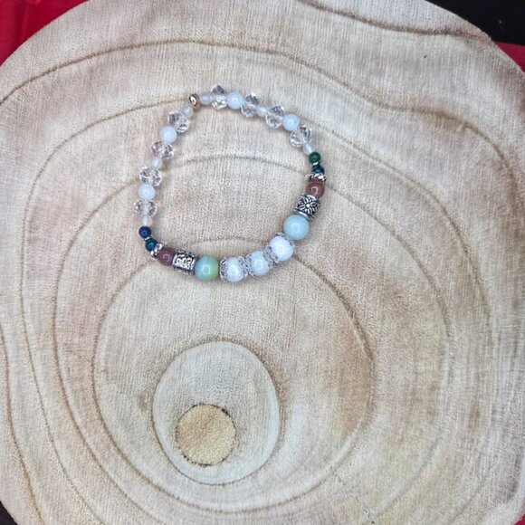 Amazonite, Moonstone, Chrysocolla & Strawberry Quartz Stretch Beaded Bracelet - Picture 3 of 6